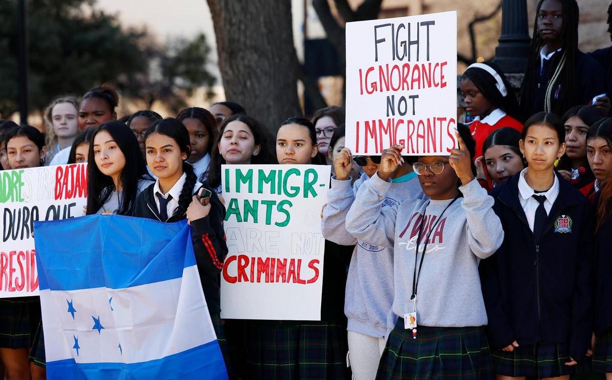 Students at Young Women’s Leadership Academy in downtown Fort Worth walk out of school on Feb. 3, 2025, to protest federal immigration policies they say are harming their families.