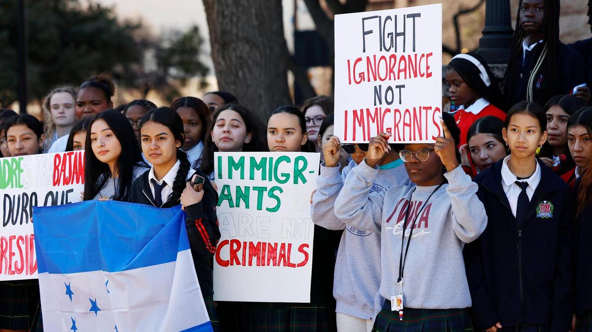 Students at Young Women’s Leadership Academy in downtown Fort Worth walk out of school on Feb. 3, 2025, to protest federal immigration policies they say are harming their families.