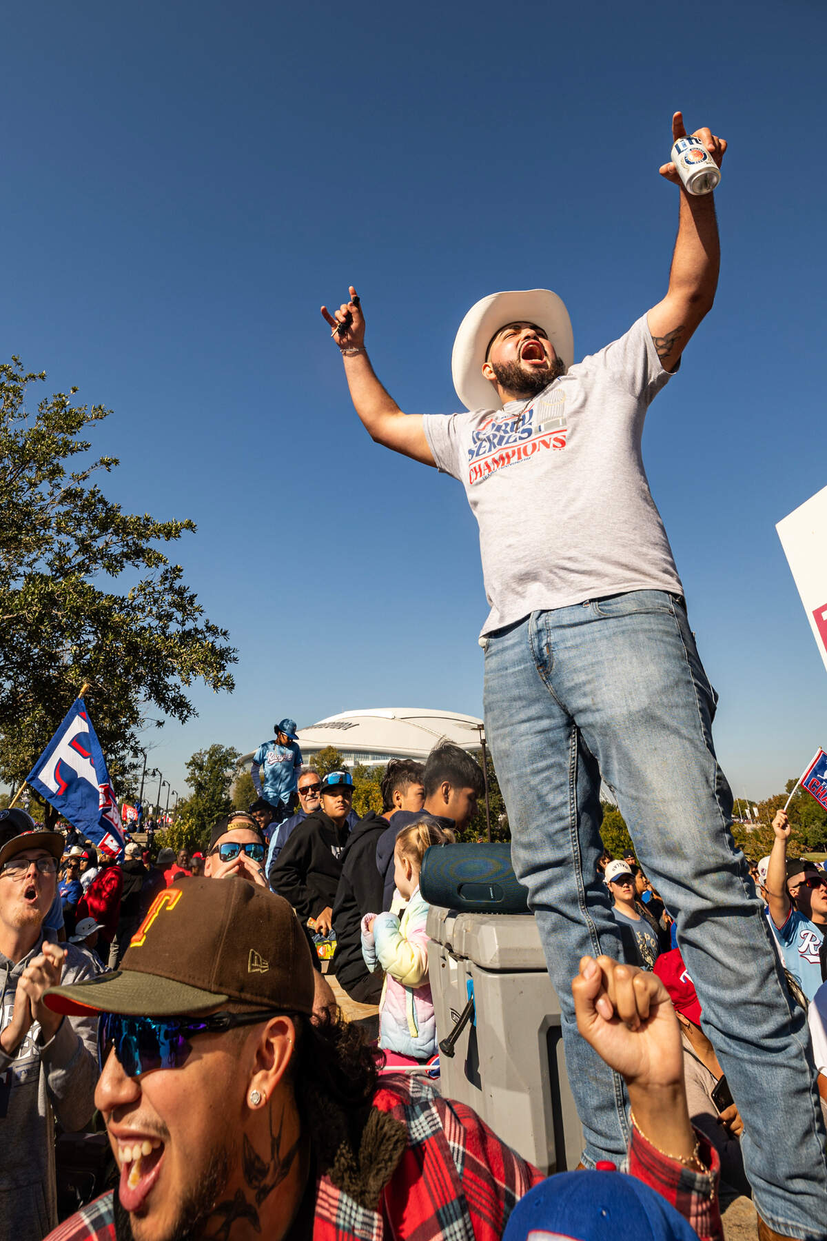 Rangers fans gather to celebrate the Texas Rangers World Series championship for the World Series Parade in front of Globe Life Field in Arlington on Friday, Nov. 3, 2023.