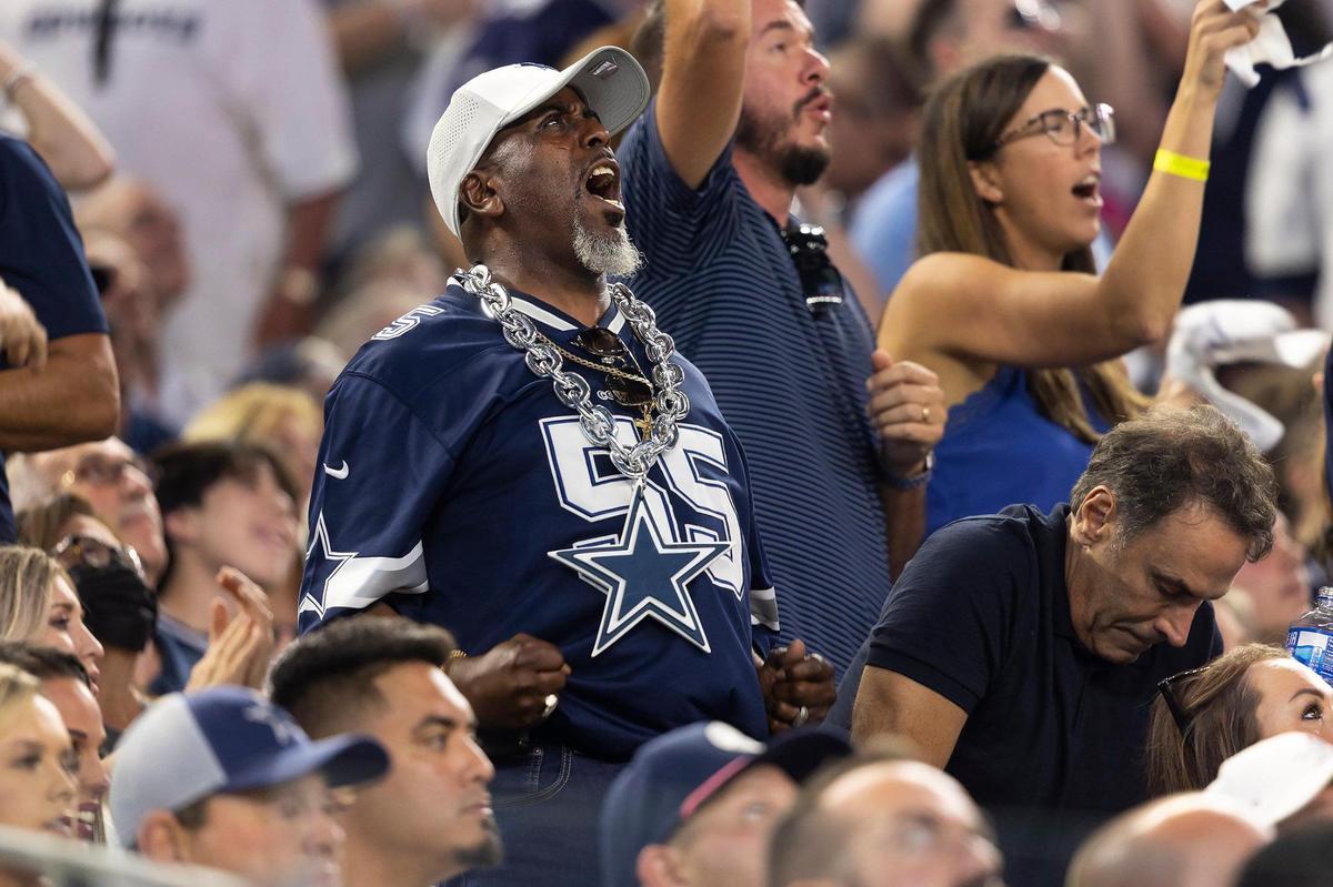 A Dallas Cowboys fan reacts during the 2022 season opener against the Tampa Bay Buccaneers on Sunday, September 11, 2022, at AT&T Stadium in Arlington.