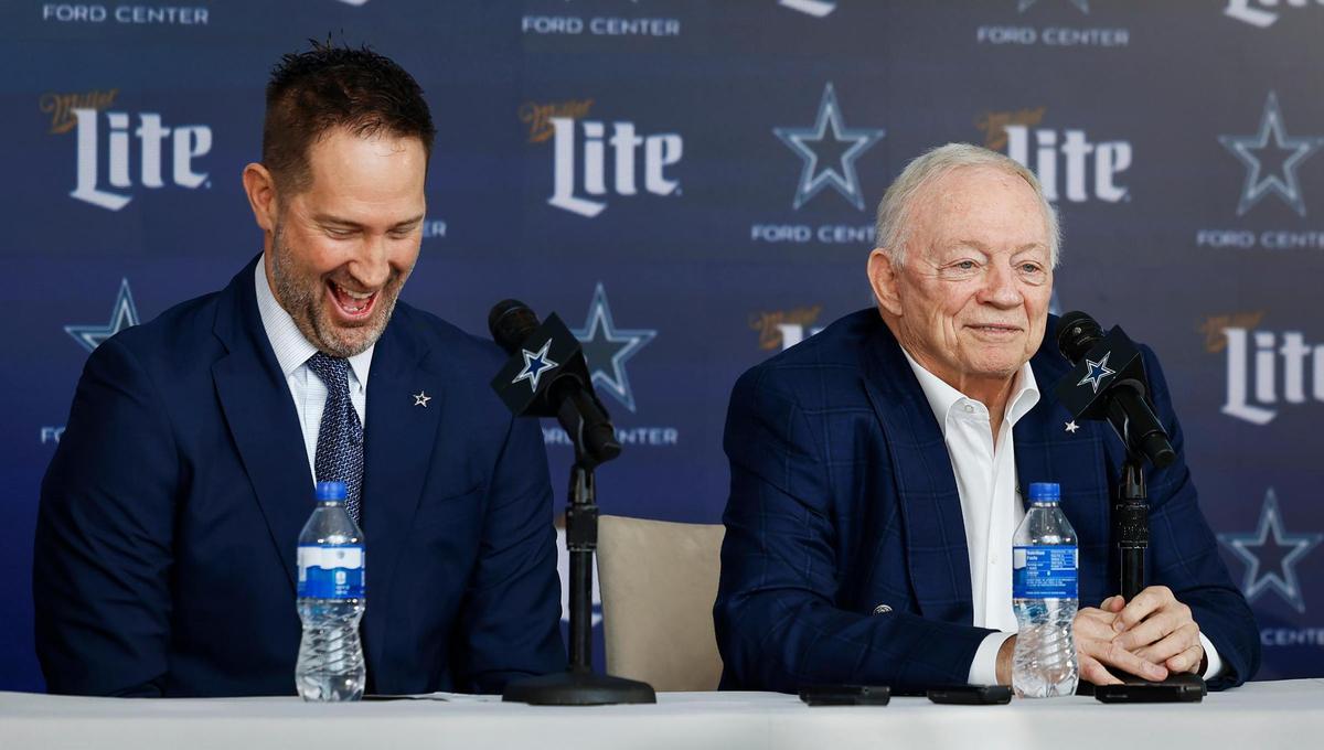 Dallas Cowboys owner Jerry Jones introduces new head coach Brian Schottenheimer, right, during a press conference to introduce him on Monday, Jan. 27, 2025, at The Star in Frisco.