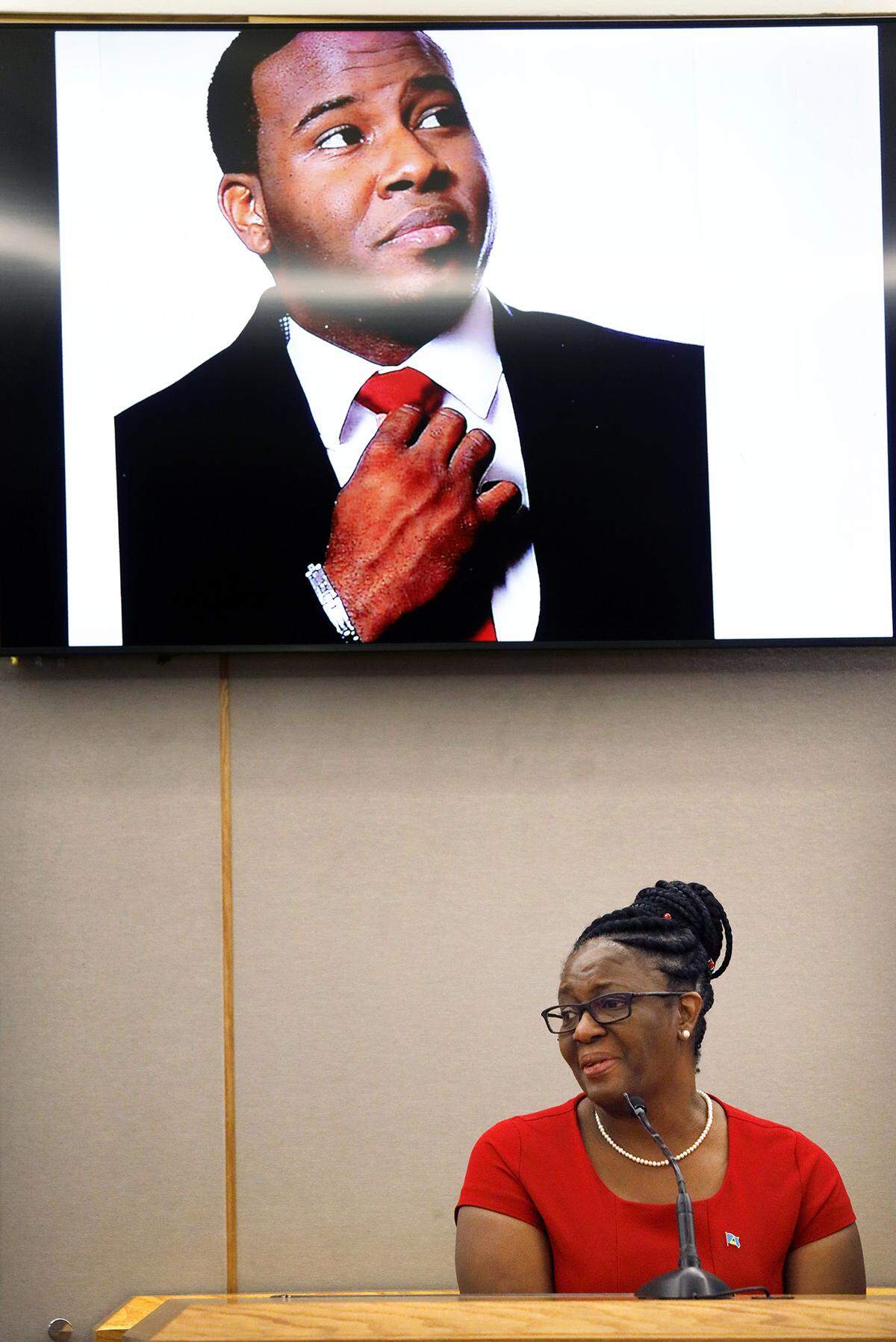 Botham Jean’s mother, Allison Jean, speaks to the jury about her son during sentencing testimony on Oct. 1, 2019, after former Dallas police officer Amber Guyger was found guilty of Jean’s murder. Guyger shot and killed Botham Jean, an unarmed 26-year-old neighbor in his own apartment.