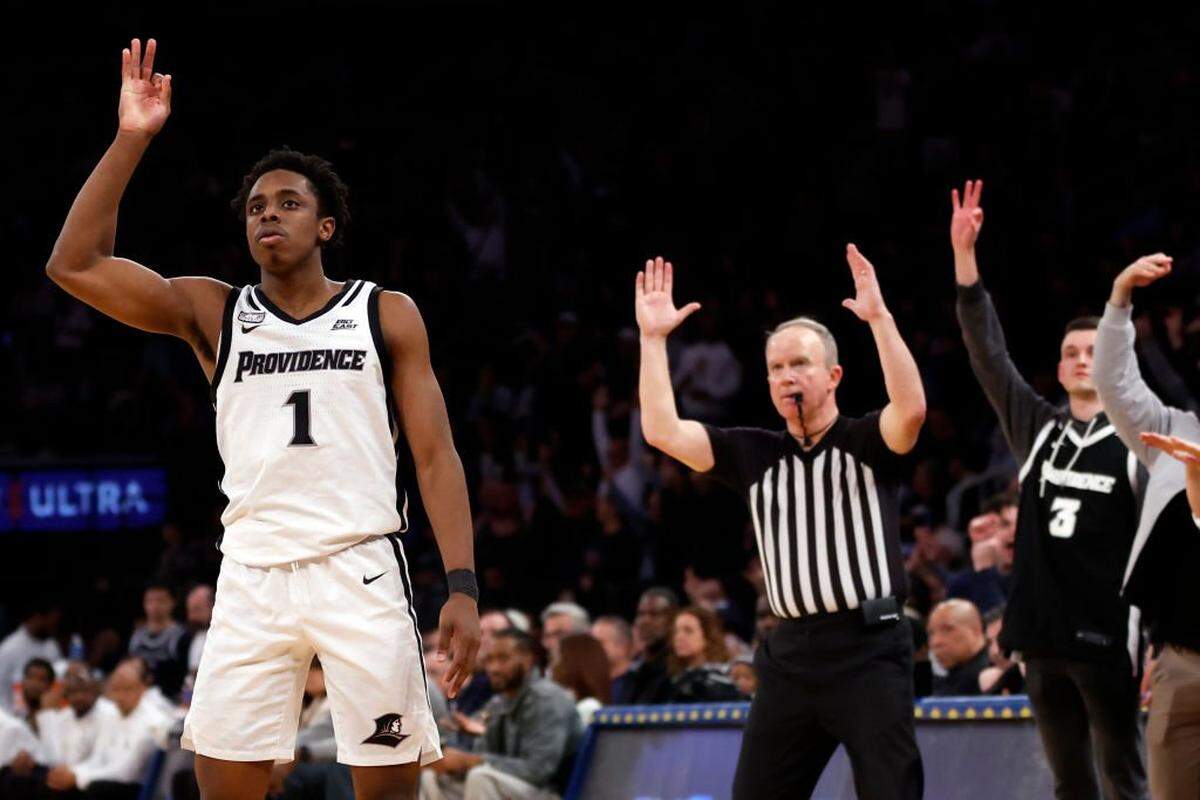 NEW YORK, NEW YORK - MARCH 13: Jayden Pierre #1 of the Providence Friars reacts after scoring in the second half against the Georgetown Hoyas during the First Round of the Big East Basketball Tournament at Madison Square Garden on March 13, 2024 in New York City. The Friars won 74-56. (Photo by Sarah Stier/Getty Images)