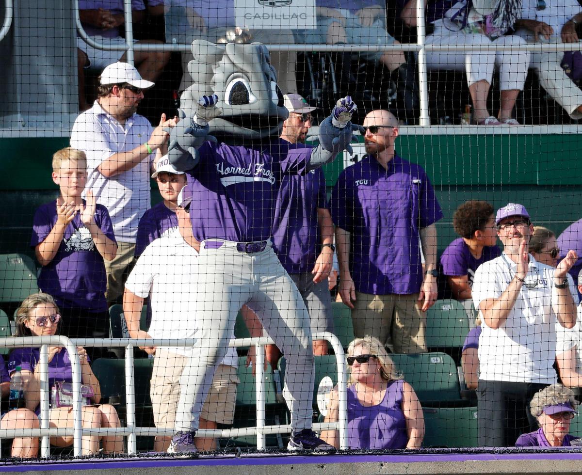 Superfrog dances on the top of the dugout entertaining fans in game one of the NCAA Super Regional between TCU and Indiana State at Lupton Stadium in Fort Worth, Texas, Friday June 09, 2023. TCU defeated Indiana State 4-1. (Special to the Star-Telegram Bob Booth)