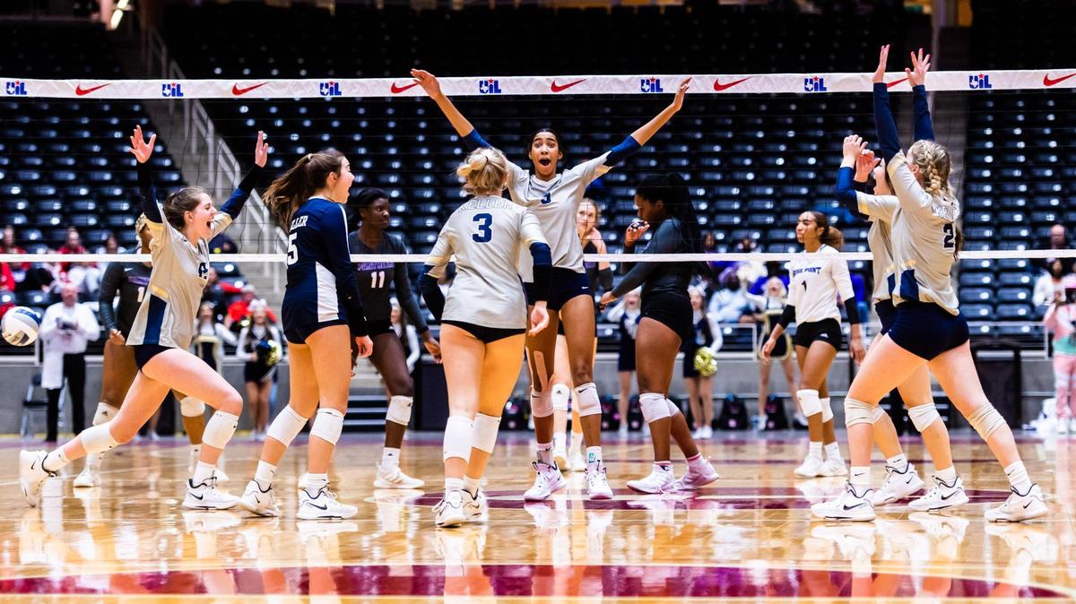 The Keller Indians celebrates winning set 3 during the 6A state semifinal game between Keller and Fort Bend Ridge Point at the Curtis Culwell Center in Garland on November 19, 2021. Photo by Matt Smith. Special to the Star-Telegram.