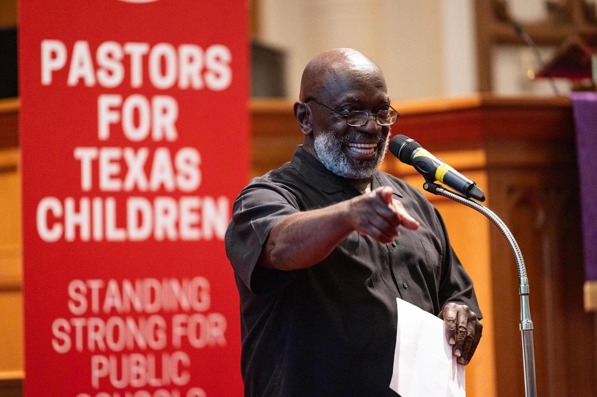 Rev. Michael Bell, the Senior pastor of St. Stephen Baptist Church, speaks to the attendees during the Pastors for Texas Children Town Hall Call to Action at Arlington Heights United Methodist Church in Fort Worth on Wednesday, April 9, 2025.