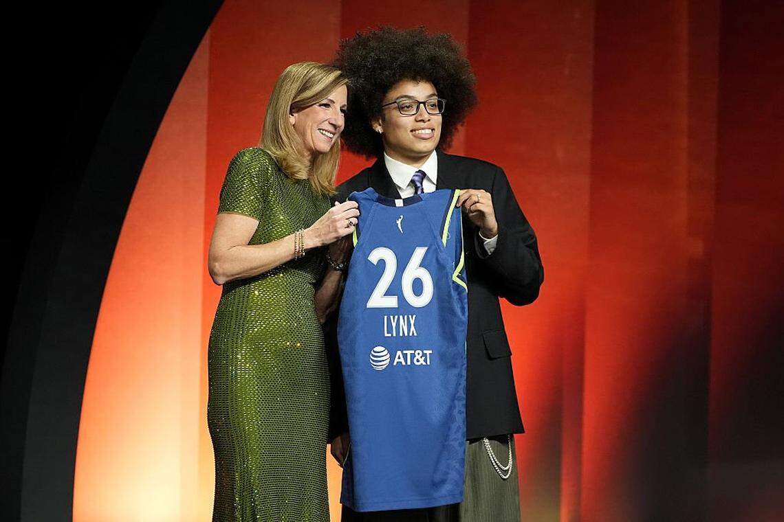 NEW YORK, NEW YORK - APRIL 13: Olivia Miles (R) of TCU poses with WNBA Commissioner Cathy Engelbert (L) after being selected with the 2nd pick in the first round by the Minnesota Lynx during the 2026 WNBA Draft at The Shed on April 13, 2026 in New York City. NOTE TO USER: User expressly acknowledges and agrees that, by downloading and or using this photograph, User is consenting to the terms and conditions of the Getty Images License Agreement. (Photo by Angelina Katsanis/Getty Images)
