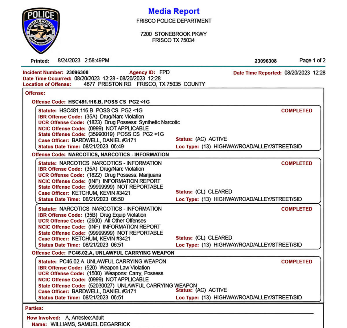 Frisco police report on the arrest of Sam Williams