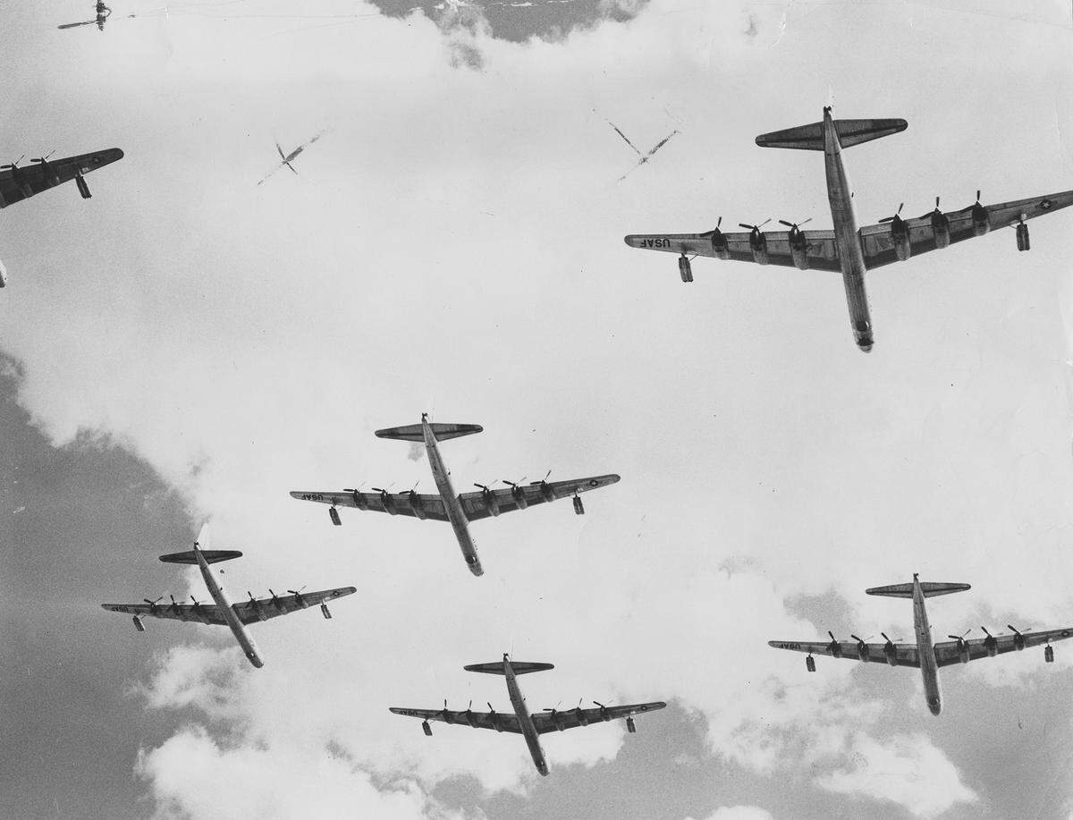 Six B-36 bombers fly in formation marking the end of the plane’s production at Fort Worth’s Convair plant, Carswell Air Force Base, on Aug. 15, 1954.
