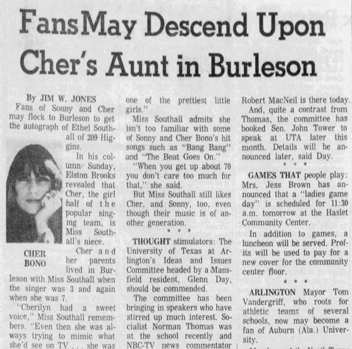 Fort Worth Star-Telegram wrote about Cher’s upbringing in Burleson on Wednesday, April 19, 1967.