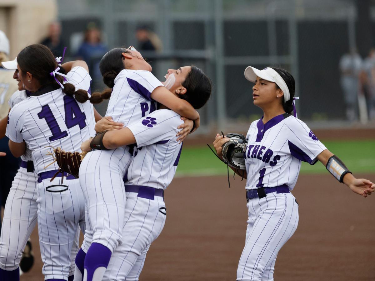 The Panthers celebrate winning a UIL District 6A Region 1 Bi-district softball playoff game at Saginaw High School in Saginaw, Texas, Thursday, April 25, 2024. Paschal defeated Keller 3-2. (Special to the Star-Telegram/Bob Booth)