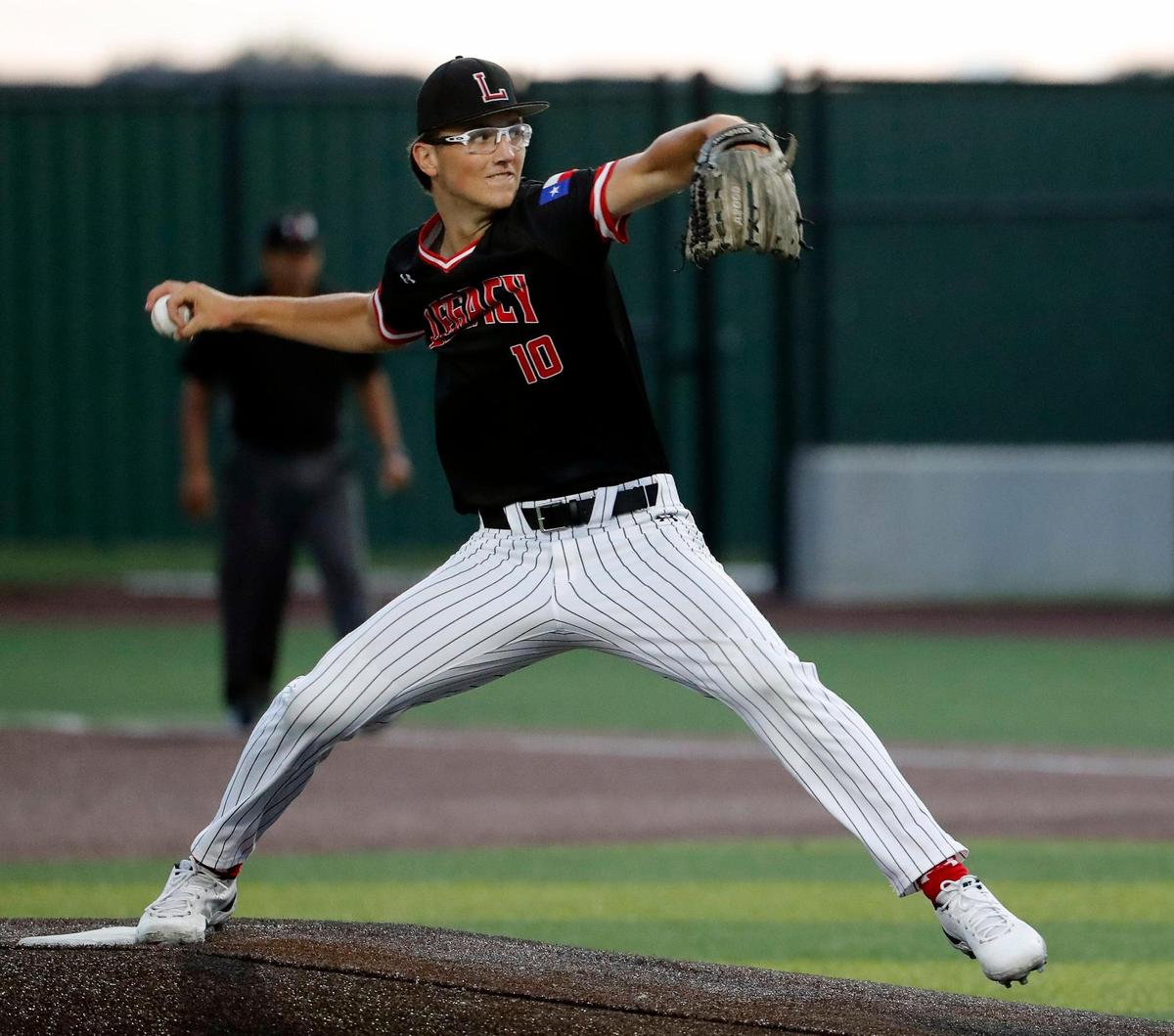 Legacy pitcher Blake Julius (10) works the third inning during game one of a 5A Region I final baseball game at Cleburne High School, Texas, Friday, June 03, 2022. Legacy defeated Aledo 8-5 in the first game of a best of three series. (Special to the Star-Telegram Bob Booth)