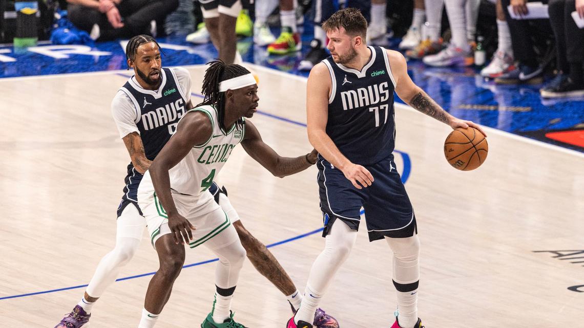 Dallas Mavericks guard Luka Doncic (77) fouled out of the Mavs Game 3 NBA Finals loss to the Boston Celtics on Wednesday night at the American Airlines Center. The Mavs trail the series, 0-3.