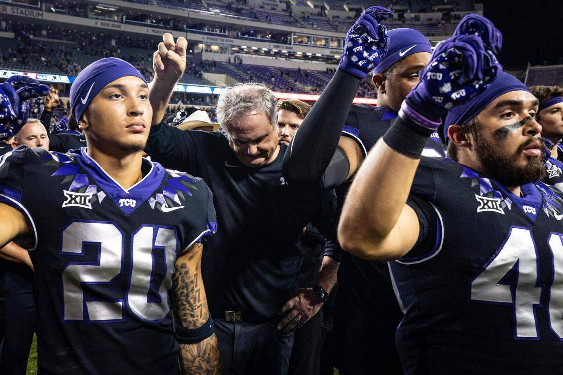 TCU players and Head Coach Sonny Dykes join the crowd in a post game ceremony after losing a Big XII conference game against the West Virginia Mountaineers at Amon G. Carter Stadium in Fort Worth on Saturday, Sept. 30, 2023. The Horned Frogs lost 24-21.