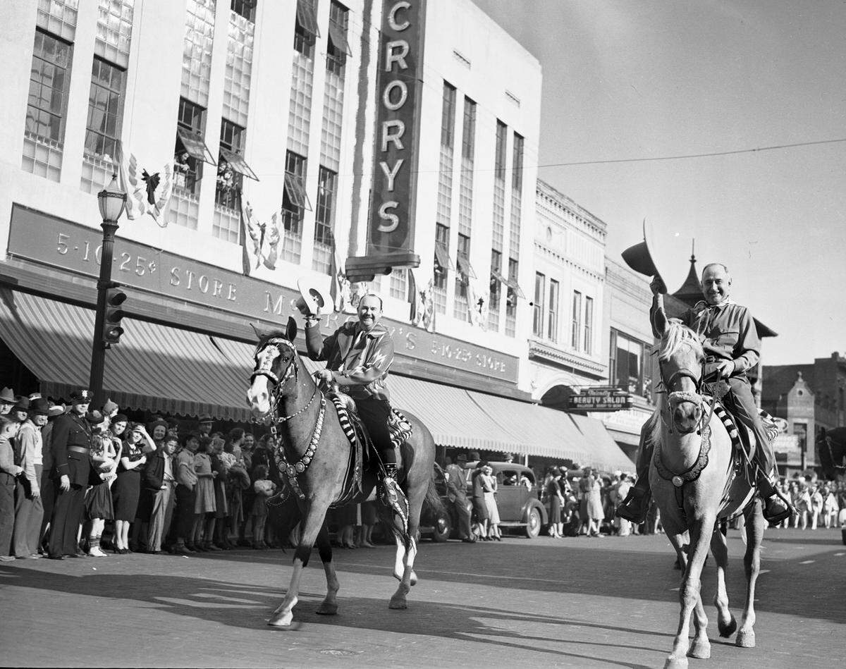 March 10, 1939: Paul Whiteman, left, and Amon Carter ride horses at the head of the parade that opened the 43rd Southwestern Exposition and Fat Stock Show.