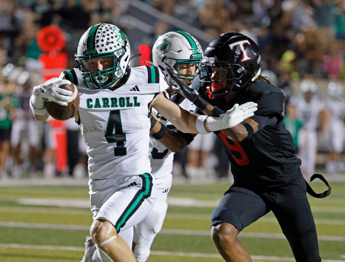 Southlake wide receiver Luc Jacquemard (4) heads to the end zone after a catch during a UIL 6A Conference football game at Pennington Field in Bedford Texas, Friday, Sept. 20, 2024.