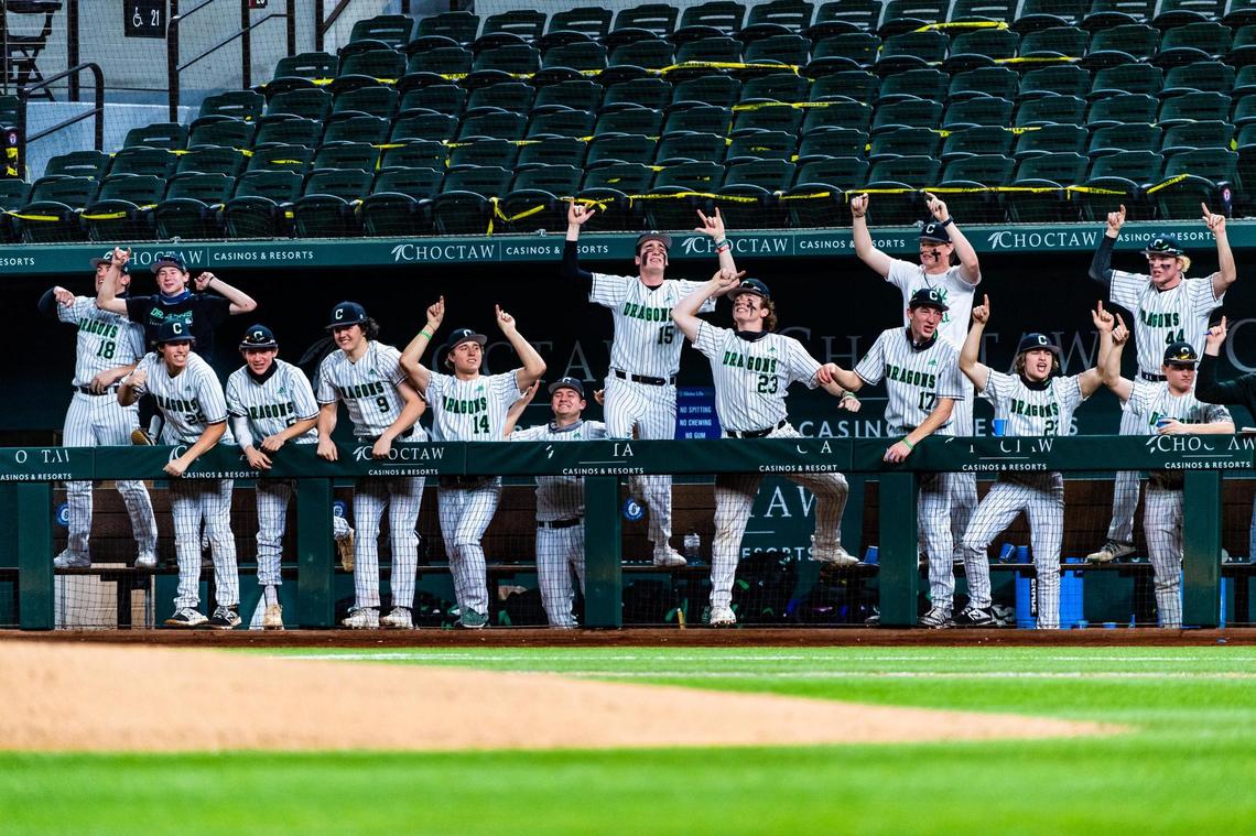 Southlake Carroll’s dugout cheers during a game between Carroll and Prosper at Globe Life Field in Arlington during the High School Baseball Showcase on February 28, 2021. Photo by Matt Smith. (Special to the Star-Telegram).