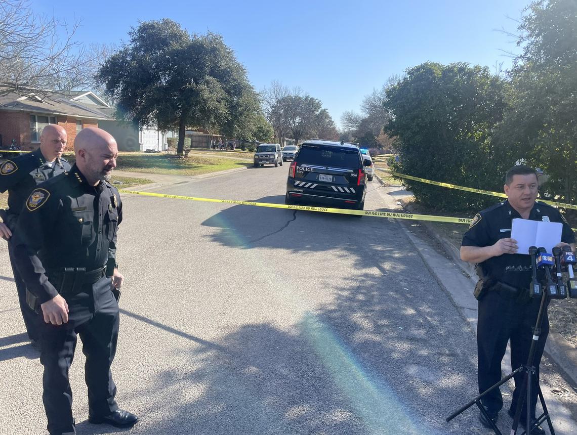 Fort Worth Police Chief Neil Noakes (second from left) prepares to give a statement after an officer shot a man during a domestic disturbance call on Saturday, Jan. 21, 2023.