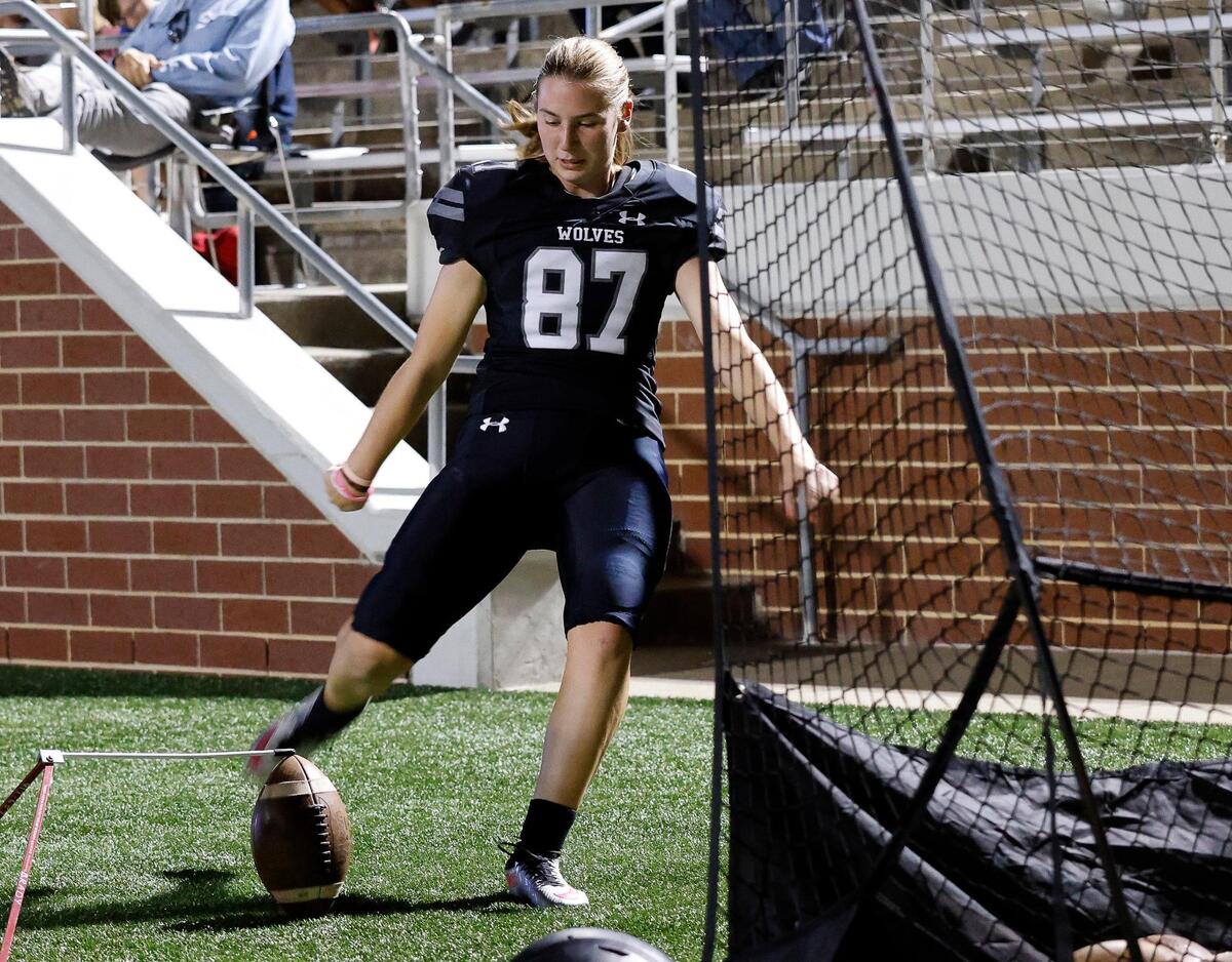 Timberview kicker Emma Young (87) warms up in the second quarter of a UIL football game at Vernon Newsom Stadium in Mansfield, Texas, Thursday, Oct. 19, 2023.
