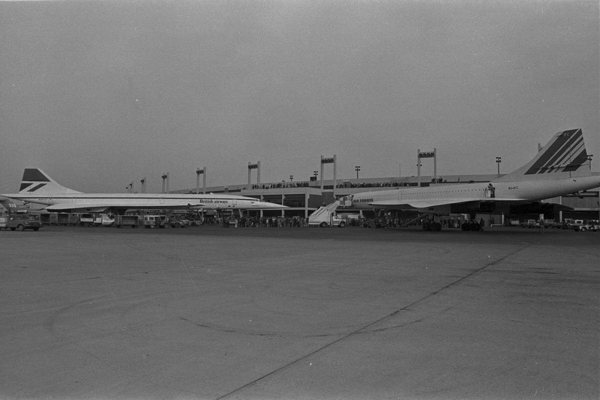 British Airways and Air France Concorde jets parked at DFW Airport, January 13, 1979