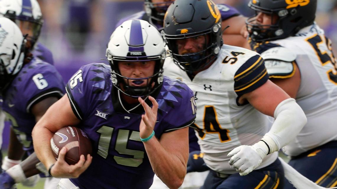 TCU quarterback Max Duggan scrambles for yards on Sept. 11 in the Horned Frogs’ 34-32 victory over California. Duggan faces Texas on Saturday after having big games against the Longhorns the past two years in TCU victories.