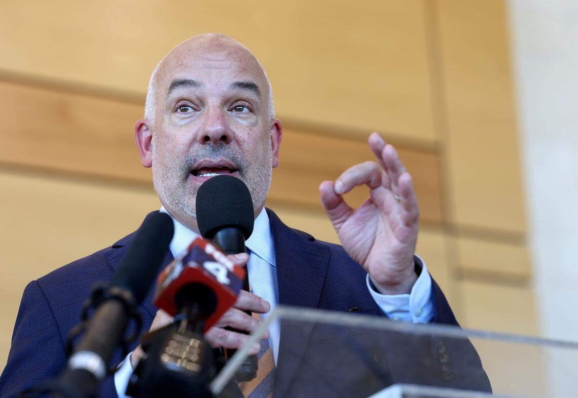 State Representative Chris Turner speaks during a press conference before the Texas House's Select Committee on Congressional Redistricting hearing held at UT Arlington on Monday, July 28, 2025.