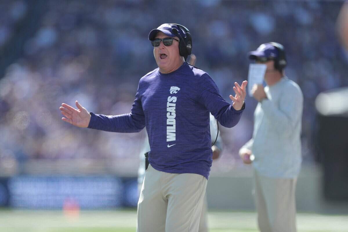 Kansas State Wildcats head coach Chris Klieman yells out during the first half of the game against UCF Knights at Bill Snyder Family Stadium on Sept. 27, 2025.