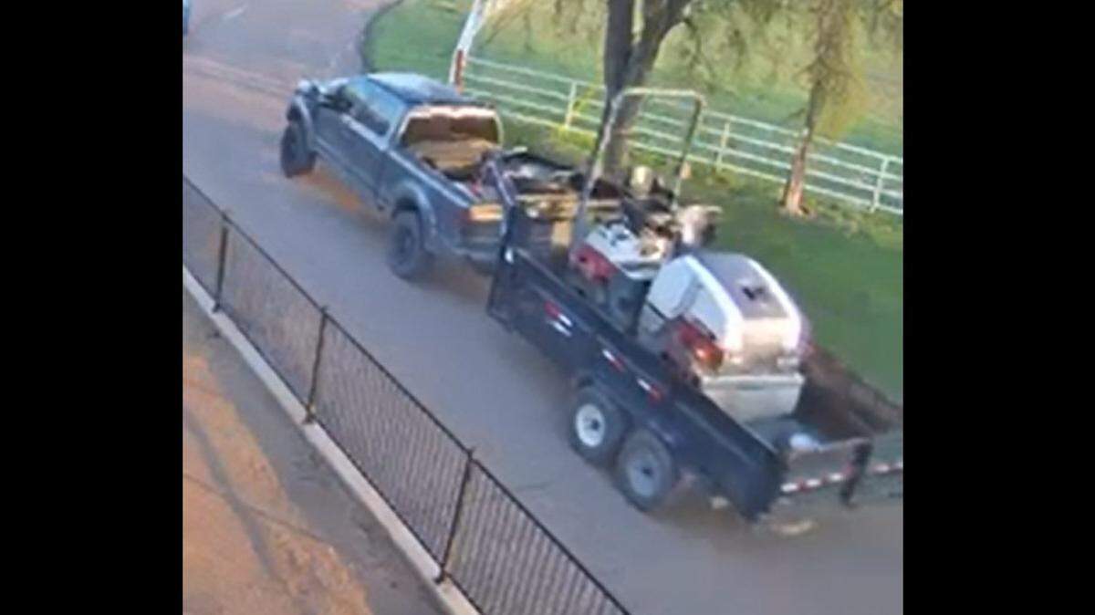 The Rhome Police Department is looking for a suspect driver and vehicle described as a Ford 4-door truck, either an F250 or F350 model, hauling a black gooseneck trailer that fled the scene after forcing a motorcyclist off the road on Friday, March 10, 2023, on U.S. 287 between Pioneer Parkway and State Highway 114.