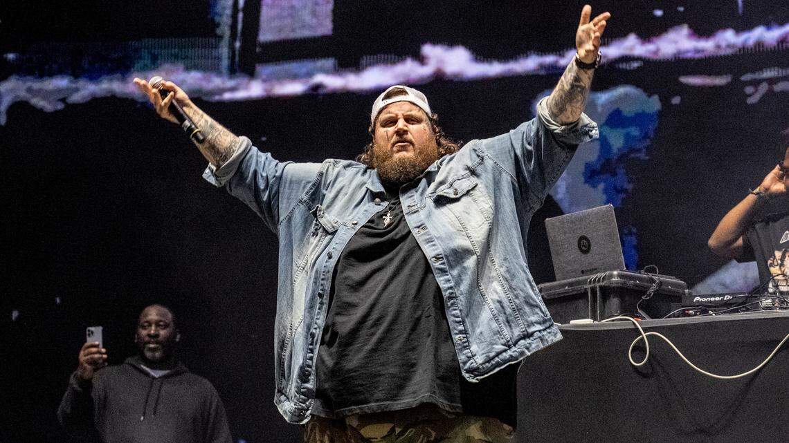 Jelly Roll performs with Three 6 Mafia during the 2023 Bonnaroo Music and Arts Festival on June 16. (Photo by Amy Harris/Invision/AP)