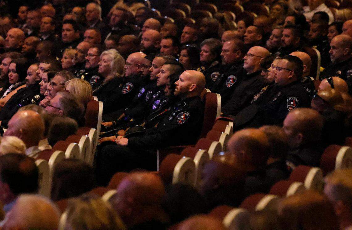 Law enforcement officers, family and friends gather for the funeral of Arlington Police Officer Darrin McMichael on Wednesday, September 27, 2023, at Crossroads Christian Church in Grand Prairie. McMichael, a member of Arlington’s Motorcycle Unit, was killed on Sept. 21 while on his way to work.