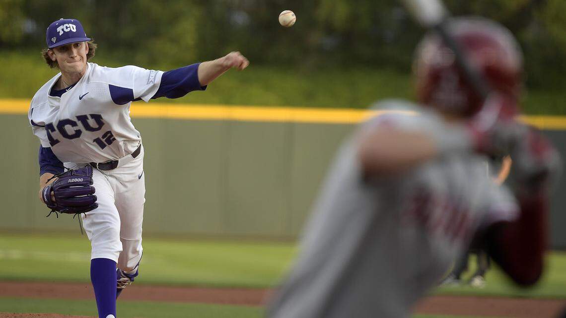 Texas Christian pitcher Nick Lodolo works during the first inning against Oklahoma's Brandon Zaragoza at Lupton Stadium in Fort Worth on Friday, April 6. Lodolo struck out 13 batters in 6 innings before leaving the game.