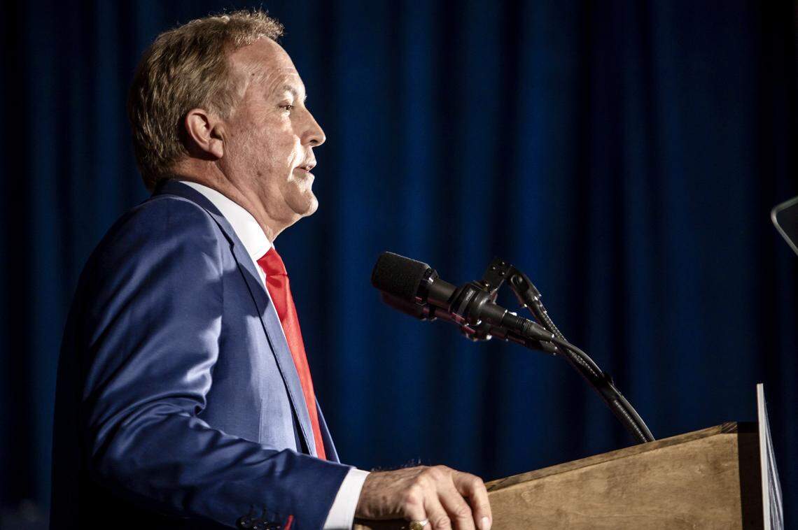 GOP Texas Senate Candidate Ken Paxton speaks to supporters at a watch party on March 3, 2026 in Dallas, Texas. Paxton and incumbent John Cornyn will face off again in a runoff.