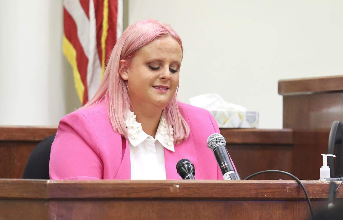 Maitlyn Gandy, mother of Athena Strand, testifies during the capital murder trial of Tanner Horner on Wednesday, April 15, 2026, at the Tim Curry Criminal Justice Center. Horner pleaded guilty to capital murder in the November 2022 strangulation killing of 7-year-old Athena Strand.