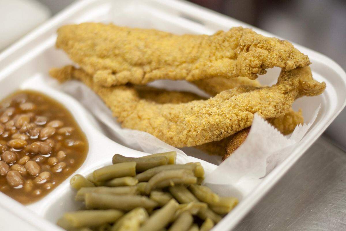 Fried catfish, green beans and baked beans at MaMa E’s Sept. 7, 2012.