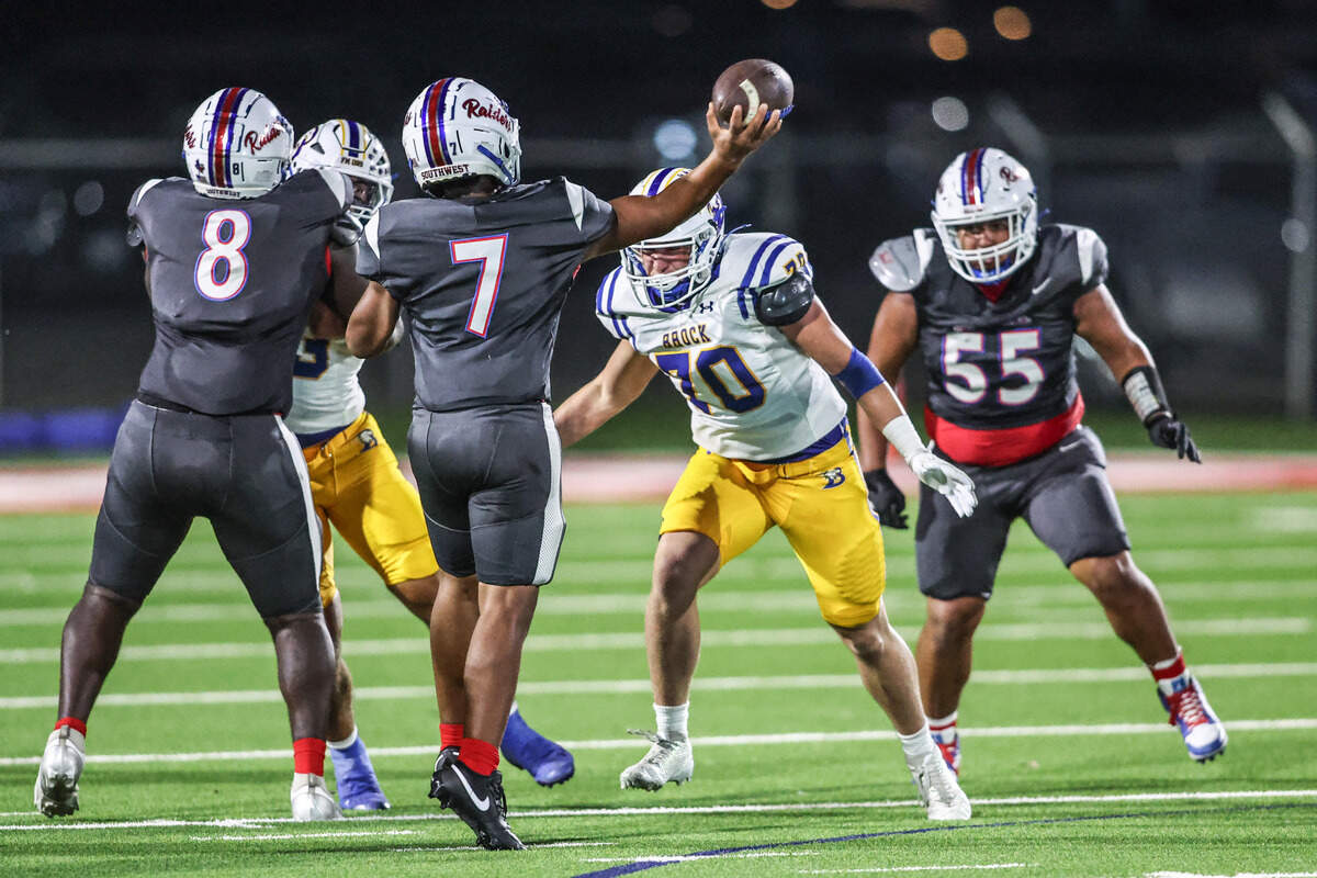 Fort Worth Southwest quarterback Zachariah Cain (7) is pressured by Brock’s RJ Cannon (70) on Thursday, Sept. 18, 2025 at Scarborough-Handley Field in Fort Worth, Texas.