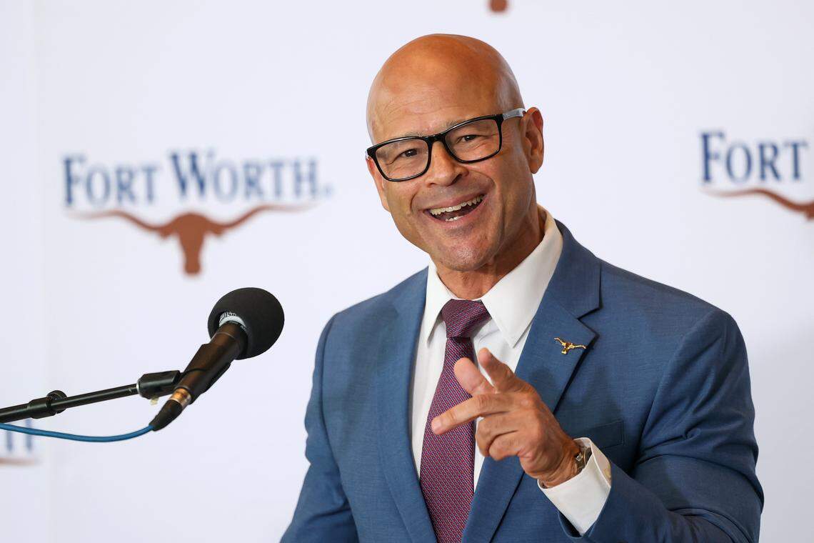 Eddie Garcia, right, speaks after being announced as the next Fort Worth police chief on Friday, Aug. 22, 2025, at City Hall.