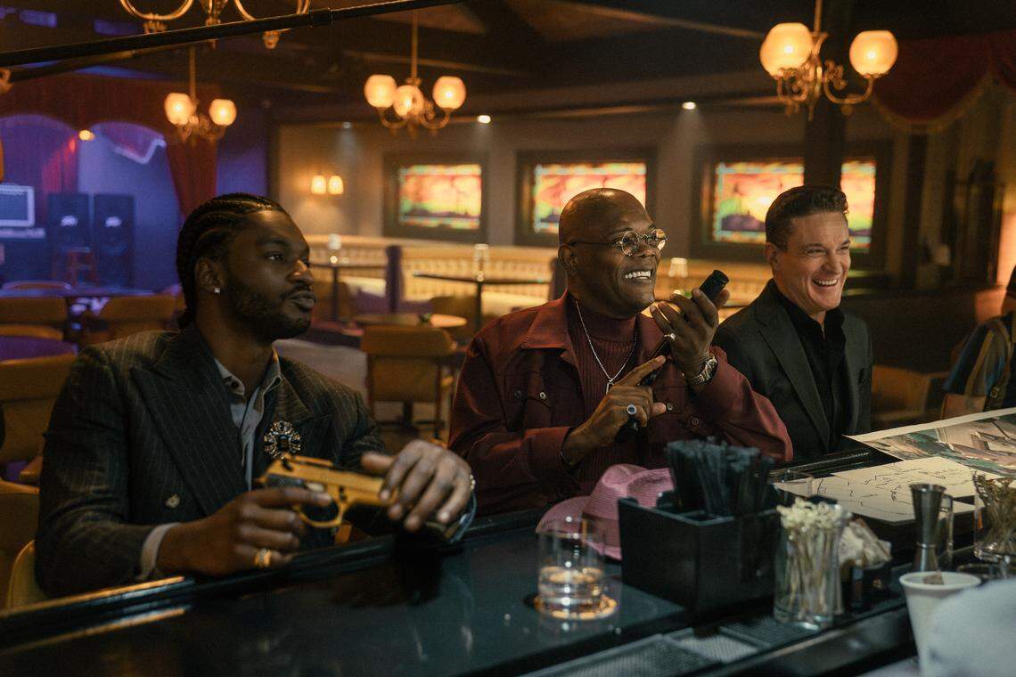 Jay Will as Tyson, Samuel L. Jackson as Russell Lee Washington Jr. and Chris Caldovino as Goodie in “Tulsa King,” episode 10, season 3, streaming on Paramount+, 2025.