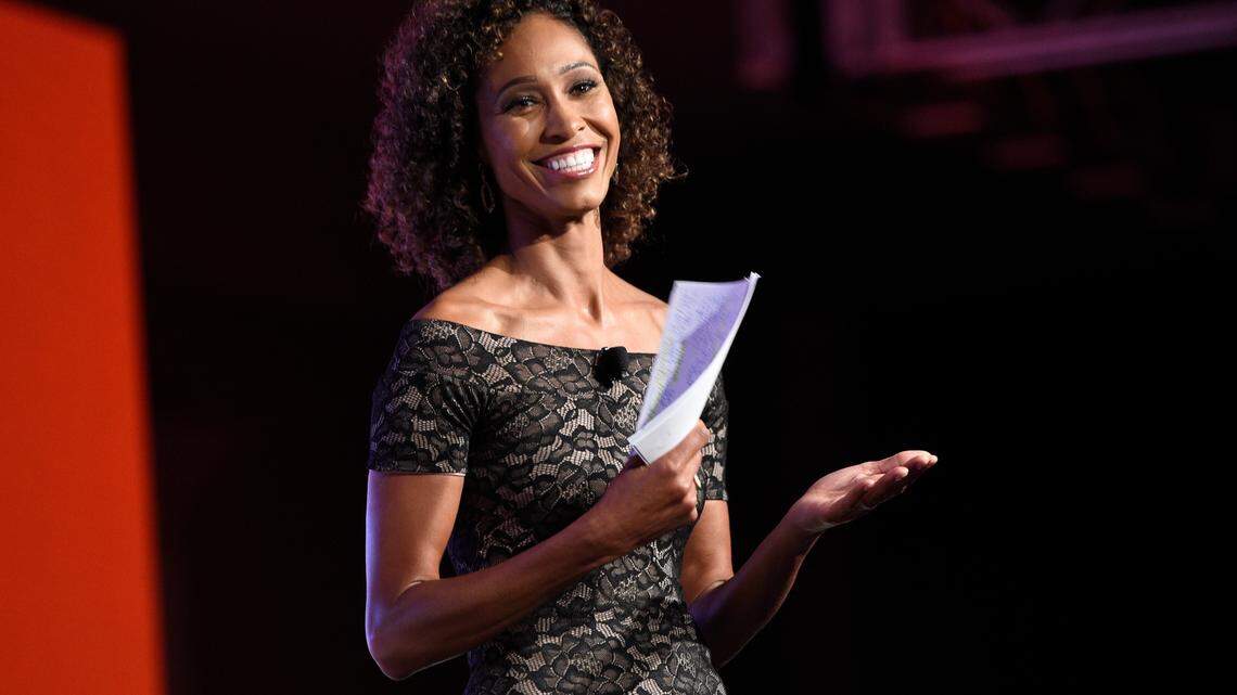 Sage Steele speaks at the 15th annual High School Athlete of the Year Awards at the Ritz-Carlton hotel on Tuesday, July 11, 2017, in Marina del Rey, Calif. (AP Photo/Chris Pizzello)