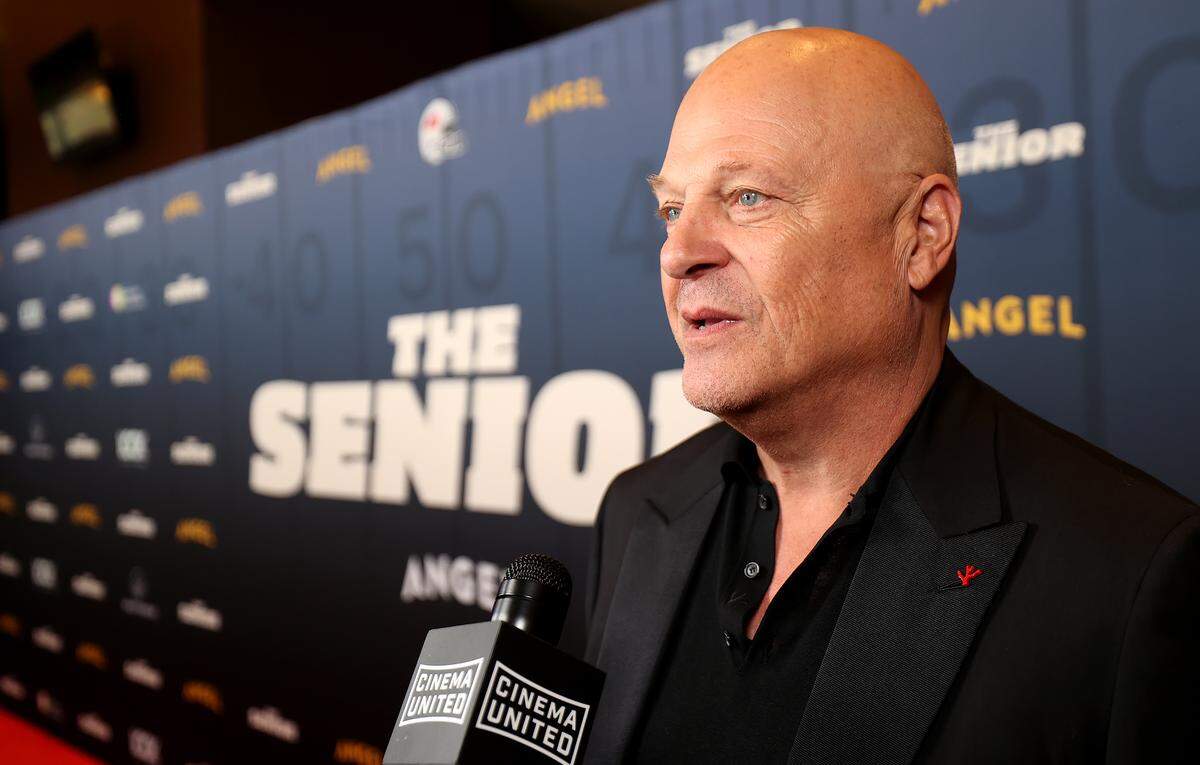 Actor Michael Chiklis, who plays Mike Flynt in “The Senior,” answers questions on the red carpet during the premiere of the movie on Monday, Sept. 8, 2025, at LOOK Dine-In Cinemas in Bedford.