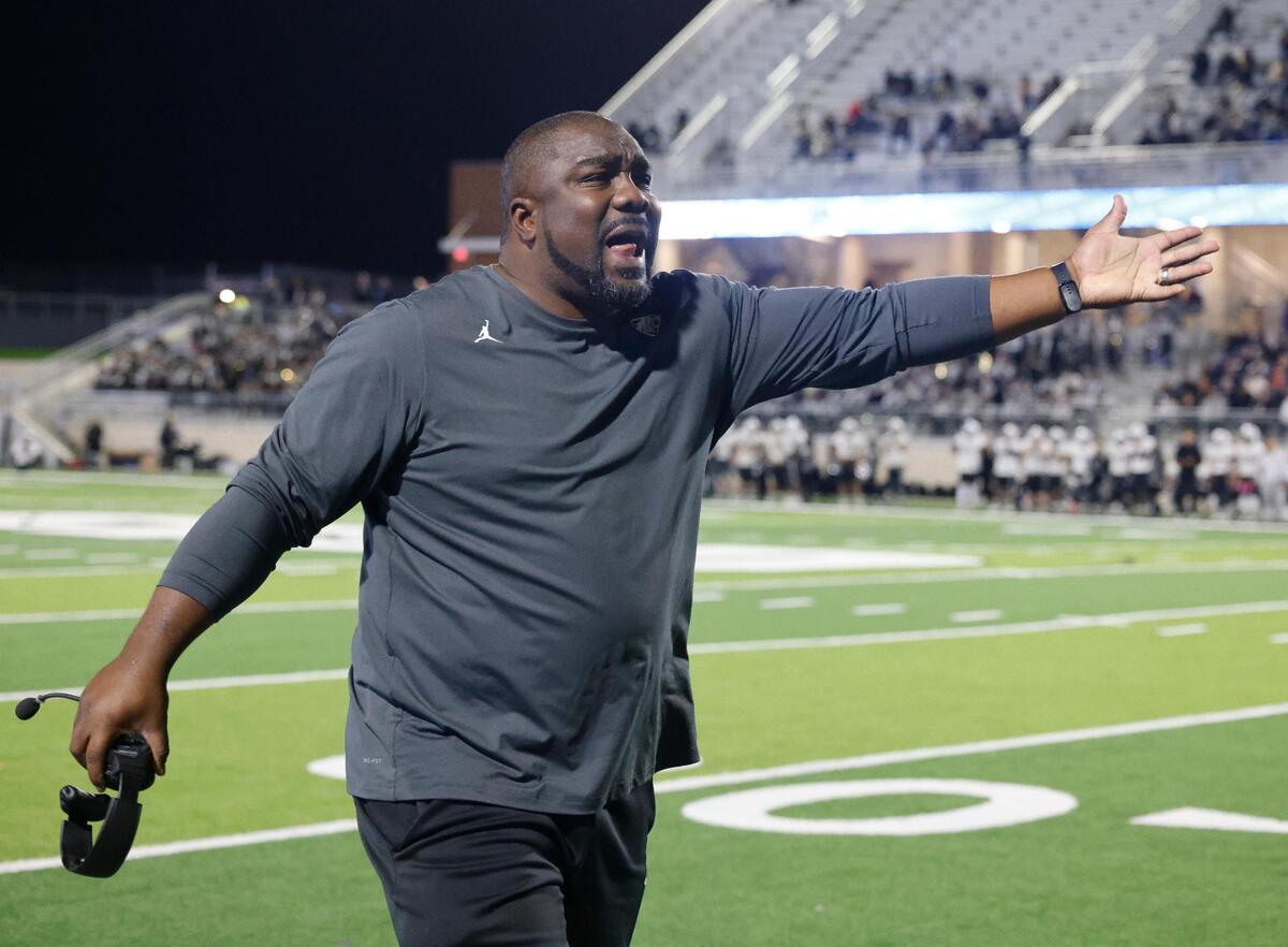 North Crowley head coach Ray Gates argues that the play clock was not reset during a UIL Class 6A D1 Area Round football playoff football game at Crowley ISD Multi-Purpose Stadium in Fort Worth, Texas, Friday, Nov. 22, 2024.