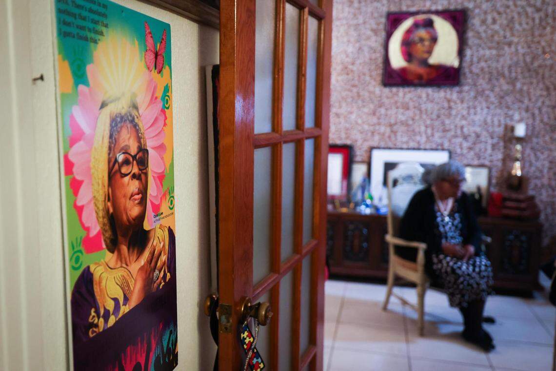 Photos and posters from over the years of activism are displayed at Opal Lee’s home in Fort Worth.