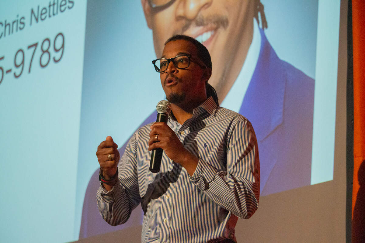 City Council member Chris Nettles speaking at Polytechnic High School in 2022.