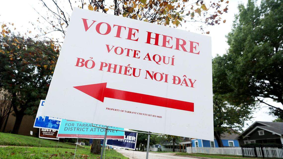 A voting sign outside of the polling site at Fire Station Community Center on Tuesday in Fort Worth. Gov. Greg Abbott wants an investigation into problems in Harris County.