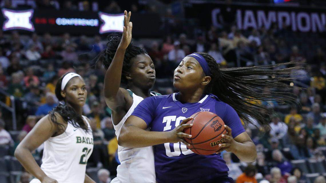 TCU forward Amy Okonkwo, right, drives past Baylor forward Dekeiya Cohen, center, during a Big 12 Conference tournament game in Oklahoma City on March 4.