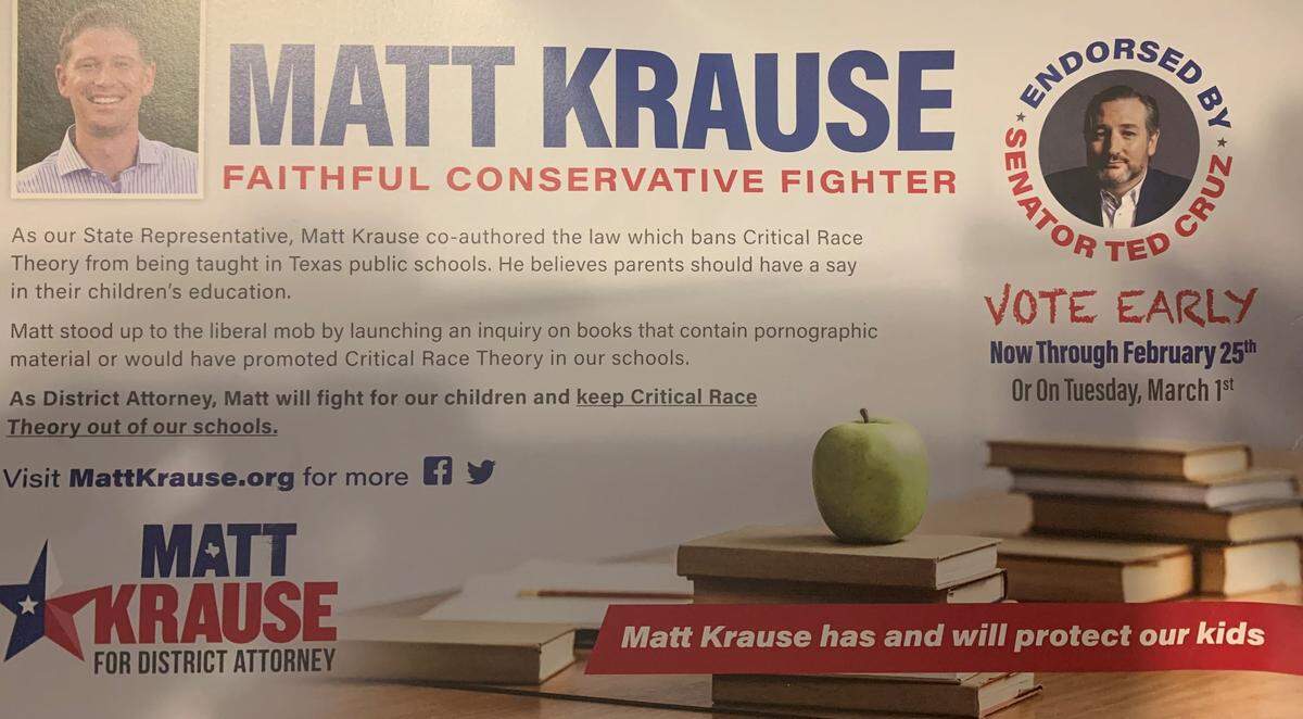 A mailer from Matt Krause, a Republican candidate for Tarrant County district attorney, focuses on education, not crime.