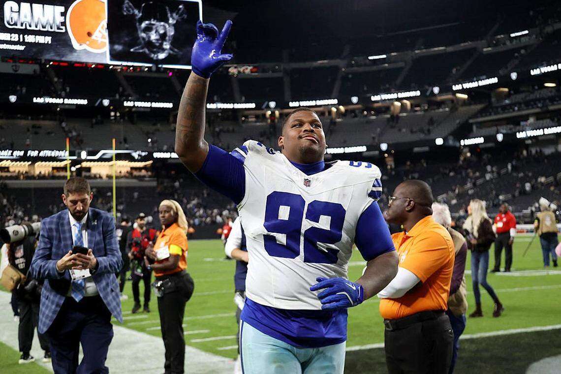 LAS VEGAS, NEVADA - NOVEMBER 17: Quinnen Williams #92 of the Dallas Cowboys reacts after the game against the Las Vegas Raiders at Allegiant Stadium on November 17, 2025 in Las Vegas, Nevada. (Photo by Ian Maule/Getty Images)