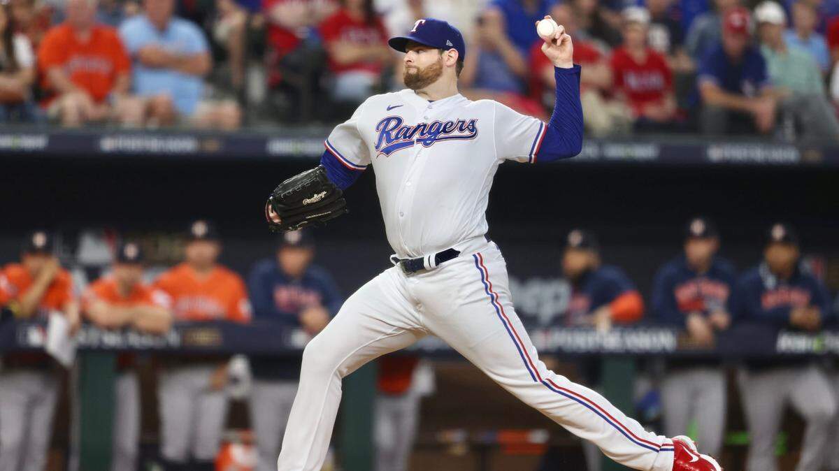 Rangers pitcher Jordan Montgomery throws a pitch during the first inning of game five of the ALCS between the Rangers and the Houston Astros at Globe Life Field in Arlington on Friday, Oct. 20, 2023.