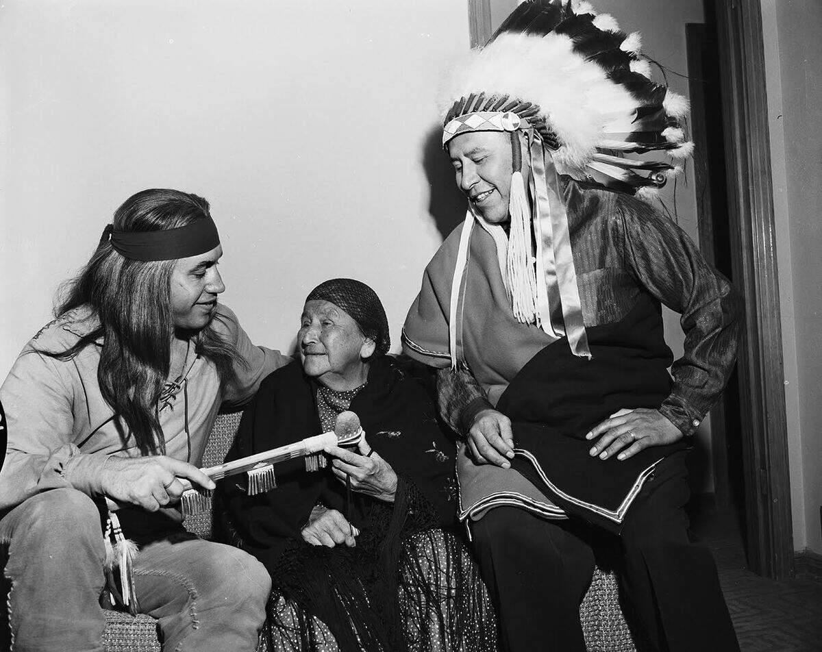 Werahre Tahmahkera and her son, Vance, meet with actor Michael Ansara (left) who played Cochise on the Broken Arrow television series. In 1958, Ms. Tahmahkera was Cynthia Ann Parker’s oldest living grandchild.