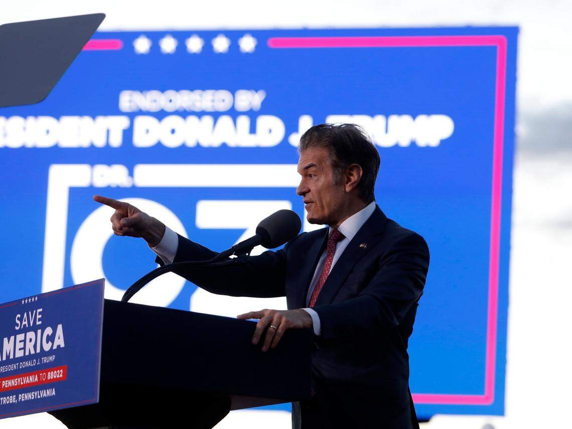 Republican candidate for U.S. Senate Dr. Mehmet Oz addresses an election rally in Latrobe, Pa. Saturday, Nov. 5, 2022, before former President Donald Trump speaks. (AP Photo/Jacqueline Larma)