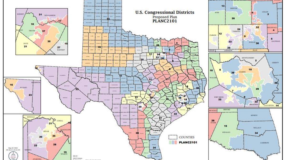 Pictured are the proposed congressional districts for Texas. The maps is subject to change as it makes its way through the legislative process.
